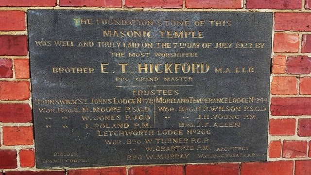 Brunswick Masonic Temple Foundation Stone T E Hickford